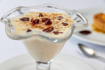 Typical colombian food, rice pudding with raisins