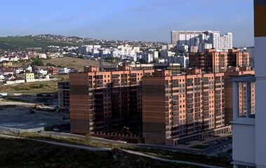 Obraz premium Morning, panoramic view of urban new buildings, banner, screensaver.