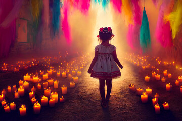 Day of the dead scene with little girl following a path of light with many candles, illustration
