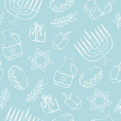 Cartoon decorative elements of Jewish holiday Hanukkah seamless pattern. Colorful Menorah candles, David star, and flying dove vector outline illustration. Various objects of Jewish festival concept