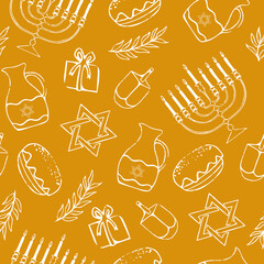 Cartoon decorative elements of Jewish holiday Hanukkah seamless pattern. Colorful Menorah candles, David star, and flying dove vector outline illustration. Various objects of Jewish festival concept