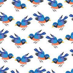 Seamless patern blue bird background for kids. Cute children design template. Bright icons for textile, wrapping paper, greeting cards or posters for kindergarten