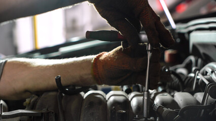 auto mechanic repairs car engine. auto repair shop. diagnostics