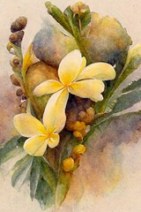 Naklejka na ściany i meble Vintage Watercolor Painting of Plumeria Flowers