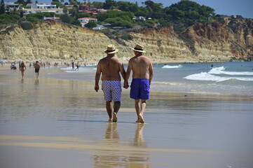 Porto de Mos beach, Lagos, Algarve, Faro district, Portugal, Europe, couple of mature gays walking on wet sandy beach holding hands