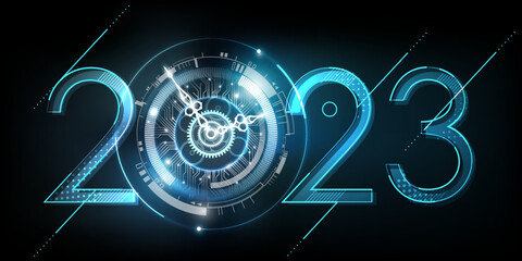 Happy New Year 2023 celebration with white light abstract clock on futuristic technology background, countdown concept, Can rotate clock hands, vector illustration