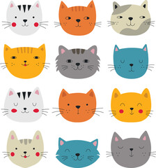 Set of vector cute cats in cartoon style. Faces of beautiful cats for cards, t-shirts, stationery, packaging and textiles