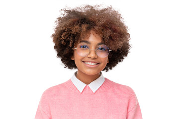 Smiling african schoolgirl wearing pink sweater and glasses isolated