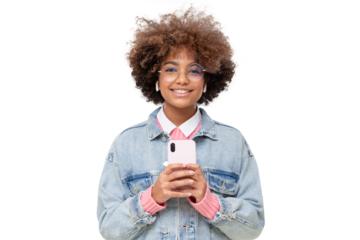 African girl with afro hairstyle and eyeglasses holding phone with both hands, isolated