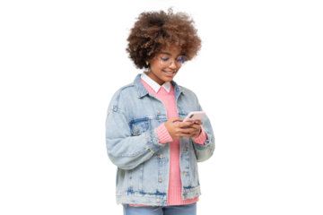 Side portrait of smiling african american girl with afro hairstyle, glasses and earphones holding phone, chatting with friend, using social media