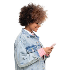 Side portrait of modern african girl with afro hairstyle and glasses holding phone, texting to...