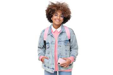 Smiling pretty african student girl with afro hairstyle holding smartphone with one hand, looking...