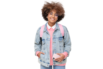 Smiling pretty african student girl with afro hairstyle holding smartphone with one hand, looking at camera, isolated