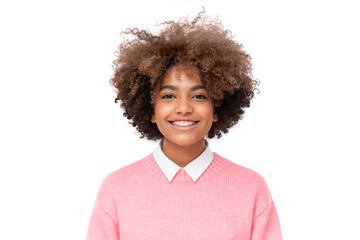 Studio portrait of smiling african teen girl with curly afro hairstyle isolated - obrazy, fototapety, plakaty