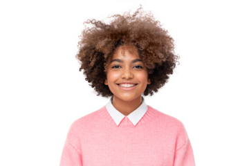 Studio portrait of smiling african teen girl with curly afro hairstyle isolated