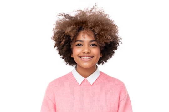Studio portrait of smiling african teen girl with curly afro hairstyle isolated