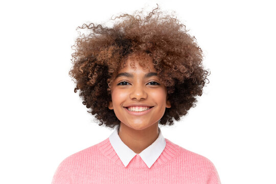 Portrait of smiling african american teen girl with curly afro hair, isolated
