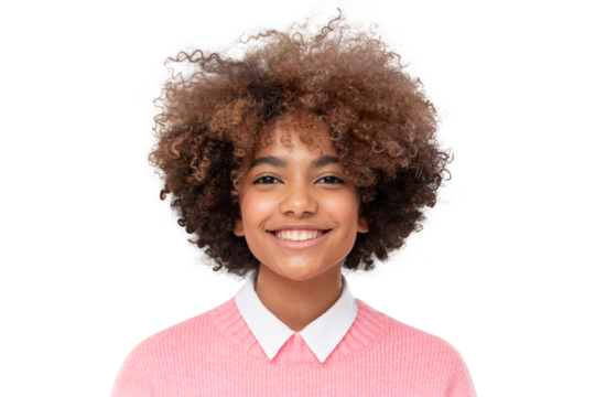 Portrait of smiling african american teen girl with curly afro hair, isolated