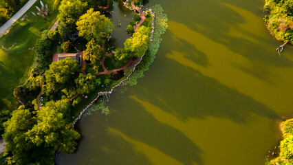 aerial drone view of a Japanese garden at  local park in the city. its a great place for tourist to having a relaxing time and be happy. the green garden is blossoming well 