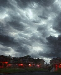 a beautiful thunderstorm rolling over a small town, with the clouds 