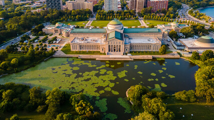 Chicago, IL USA September 16th 2022: Aerial drone footage of the Chicago Museum of Science and...