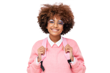 Studio portrait of pretty smiling african american teen girl, high school or college student with curly afro hair and pink backpack isolated