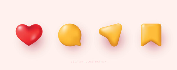 3d social media icon set. Love, comment, share and save. 3D minimal vector illustration