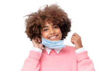 Mask off. Portrait of smiling african american school girl after the end of pandemic