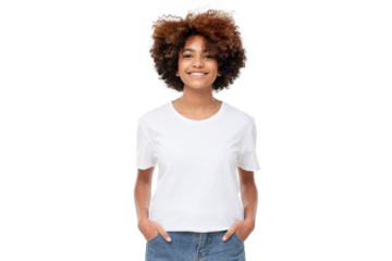 Front view of african american girl standing with hands in pockets, wearing blank t-shirt with copy space