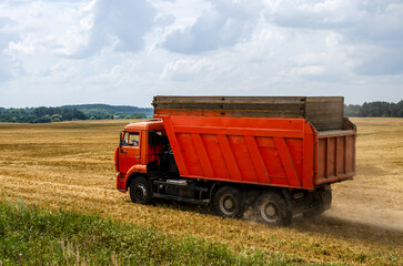 A truck transports grain across a field where harvesters harvest the grain.