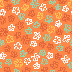 Retro floral seamless repeat pattern. Random placed, vector simple flowers all over surface print on orange background.