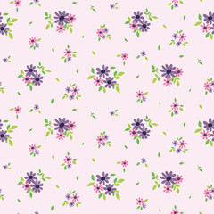 Seamless floral pattern, pretty ditsy print with small flowers bouquets, leaves on a white background. A cute botanical surface design with romantic folk, rustic motifs. Vector illustration.