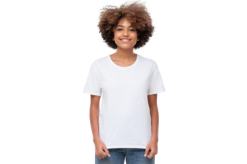 Front view of african american girl standing, wearing blank t-shirt with copy space, isolated