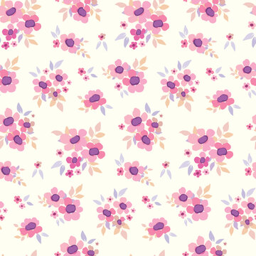 Seamless floral pattern, gentle ditsy print with watercolor flowers arrangement on white background. Romantic botanical surface design with drawing plants: small pink flowers, different leaves. Vector