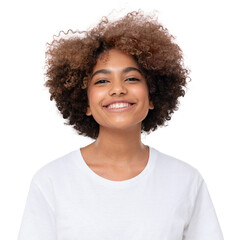 Portrait of laughing african girl in white t-shirt looking at camera, isolated