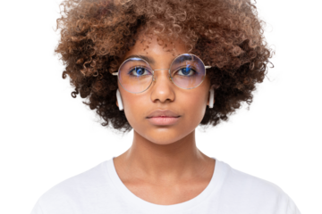 Close-up portrait of serious african schoolgirl in white t-shirt and round glasses