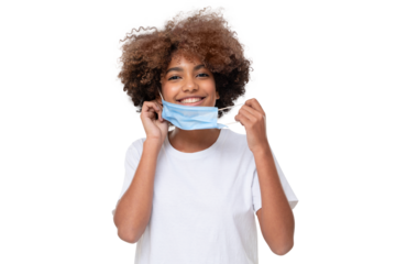 Portrait of smiling african american school girl after the end of pandemic. Mask off! Concept of future, hope and recovery