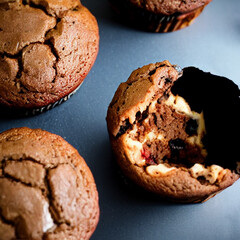 three muffins on a light blue background, one broken