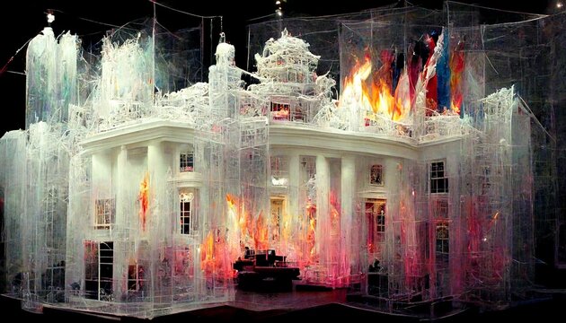 A model of a white house on fire with flags demonstration art