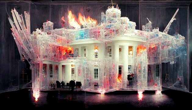 A Model Of A White House On Fire With Flags Demonstration Art