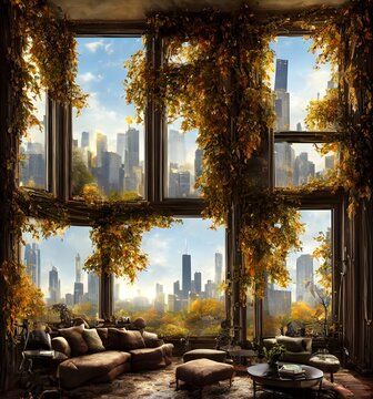 Fantastical Living Room With City Landscape In The Window  Beautiful Dramatic Lighting, Autumn Season