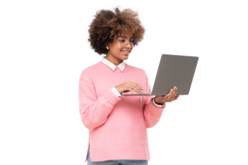Smiling african american teen girl, high school or online course student holding laptop, isolated