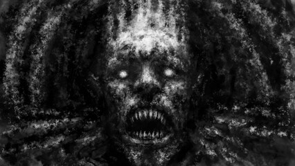 Dark demon face screaming. Scary illustration in horror fantasy genre. Gloomy character nightmares. Evil monster concept art. Spooky hell visions. Coal and noise effect. Black and white background. © likozor