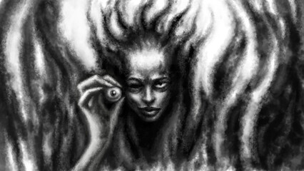 Evil witch demon holds her eye in her hand illustration. Horror fantasy genre. Spooky hell visions. Halloween ghost image. Gloomy character digital art. Coal noise effect. Black and white background. - obrazy, fototapety, plakaty