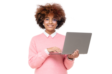 Smiling african american teen girl, high school or online course student holding laptop and looking at camera
