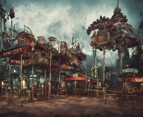 amusement park, monster and horror theme. Horror-themed food booths. carrousel, monster theme