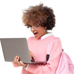 Surprised african american student teen girl, holding laptop with OMG WOW emotion