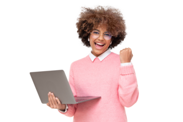 Winner! Excited smiling african girl with laptop, raising one hand in the air is she wins