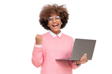 She is a winner! Excited young girl with laptop