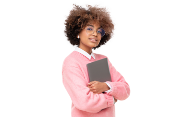 Fashion portrait of african american teen girl, high school or online course student holding laptop